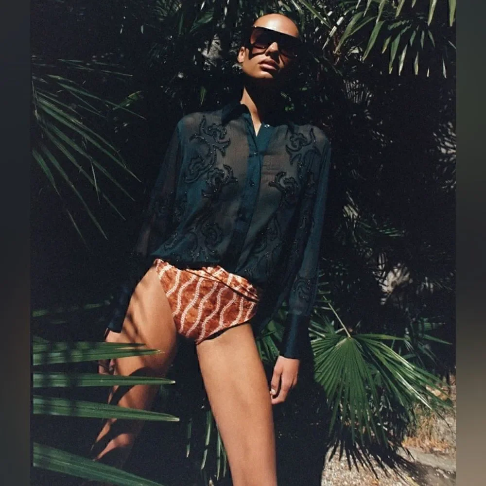 ZARA EMBROIDERED BEADED SEMI-SHEER BLOUSE - Picture 4 of 5